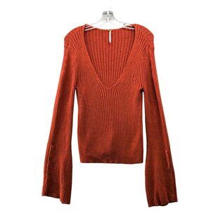 Free People Viola Flare Sleeve Sweater Womens L Rust Orange V-Neck Ribbed Boho